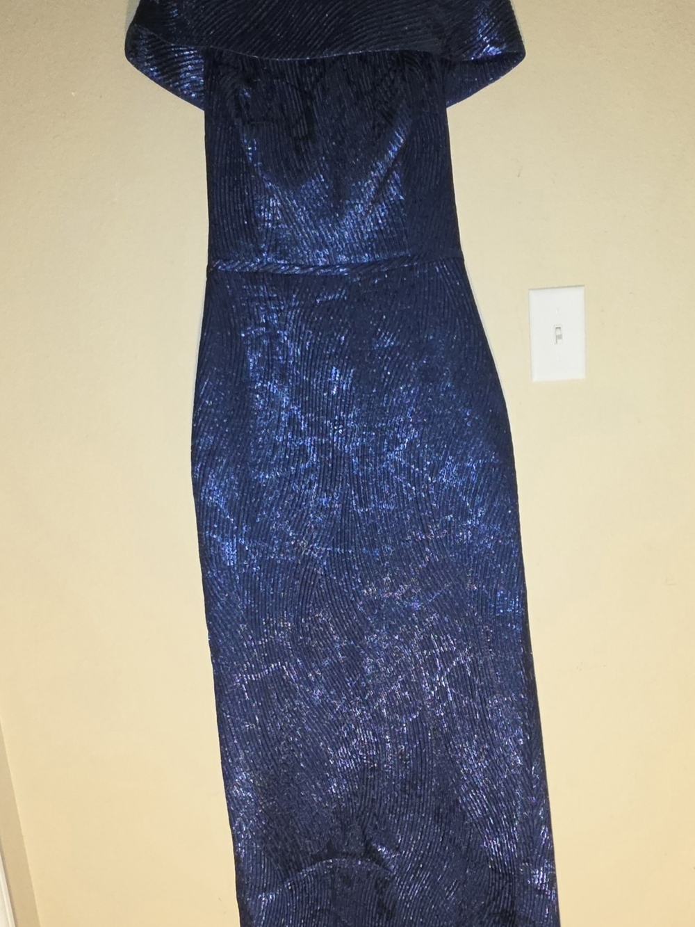 Rickie Freeman for Teri Jon Navy Blue Shimmer Off-Shoulder Maxi Dress